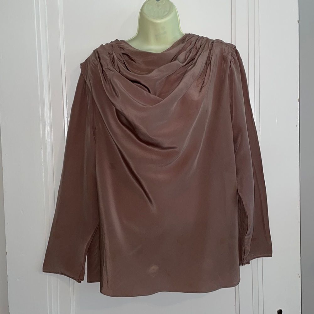 Vtg 70s/80s Jerri Sherman taupe pleated‎ shoulder drape neck long sleeved blouse
